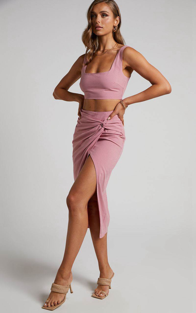 Showpo Gibson Two Piece Set - Linen Look Crop Top And Knot Front Midi Skirt Set Pink | HBGPCE640