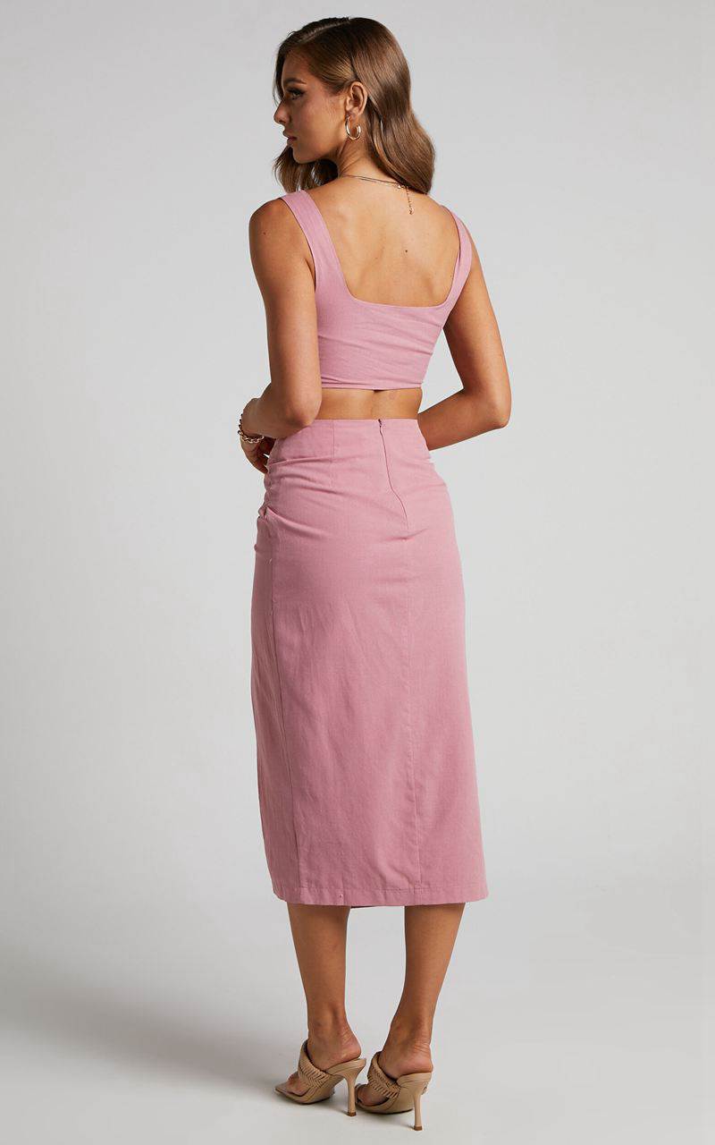 Showpo Gibson Two Piece Set - Linen Look Crop Top And Knot Front Midi Skirt Set Pink | HBGPCE640