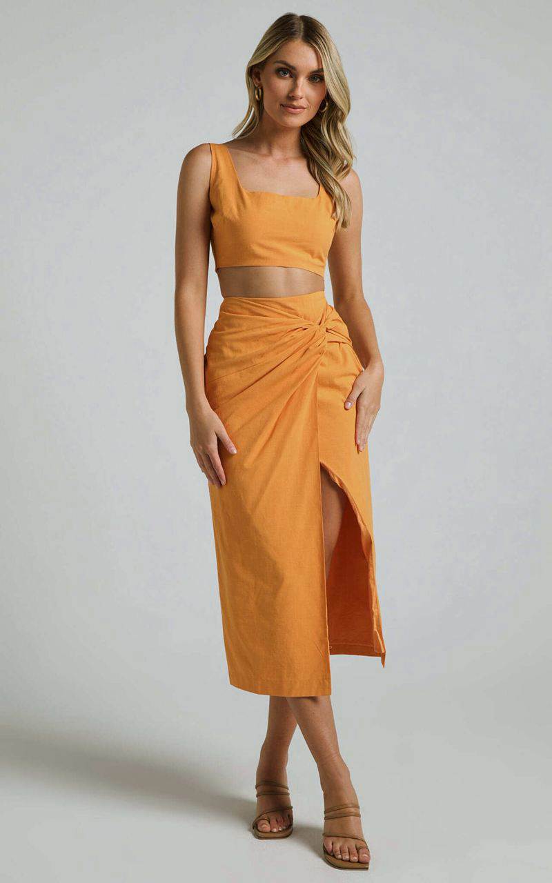 Showpo Gibson Two Piece Set - Linen Look Crop Top And Knot Front Midi Skirt Set Orange | GMFUSP071