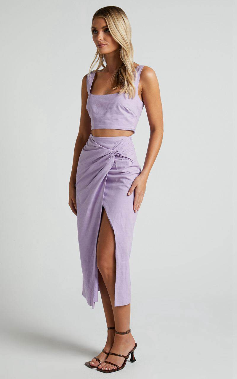 Showpo Gibson Two Piece Set - Linen Look Crop Top And Knot Front Midi Skirt Set Lilac | FGEJBA523