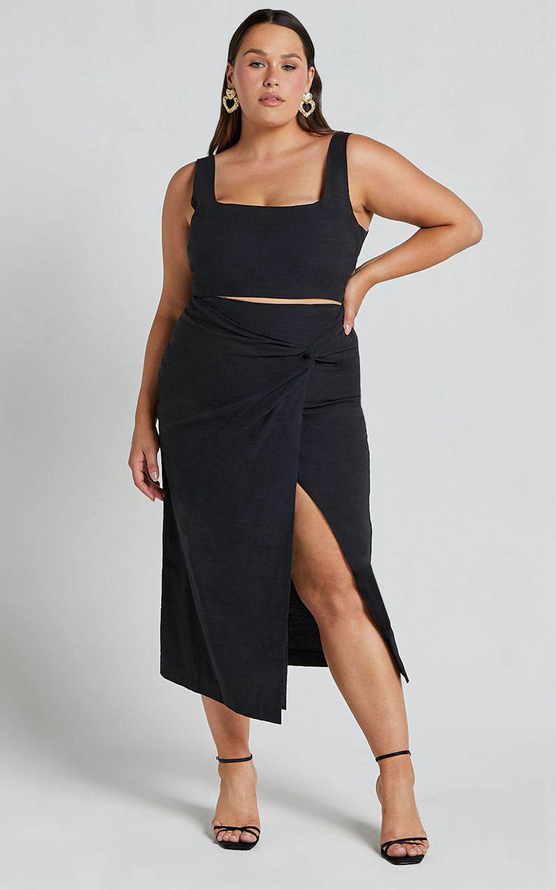 Showpo Gibson Two Piece Set - Linen Look Crop Top And Knot Front Midi Skirt Set Black | WCHBQI692