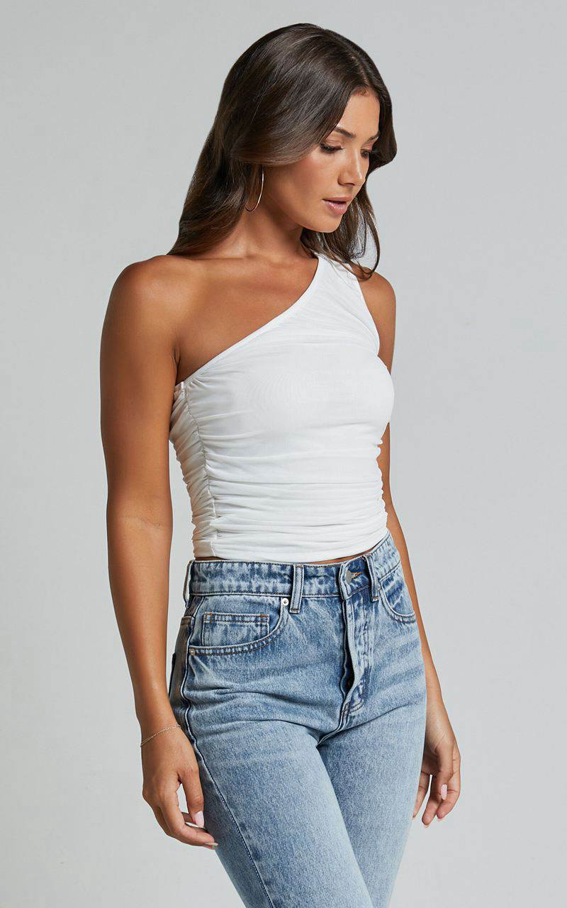 Showpo Giles Top - One Shoulder Ruched Mesh Top White | YDPVLX092