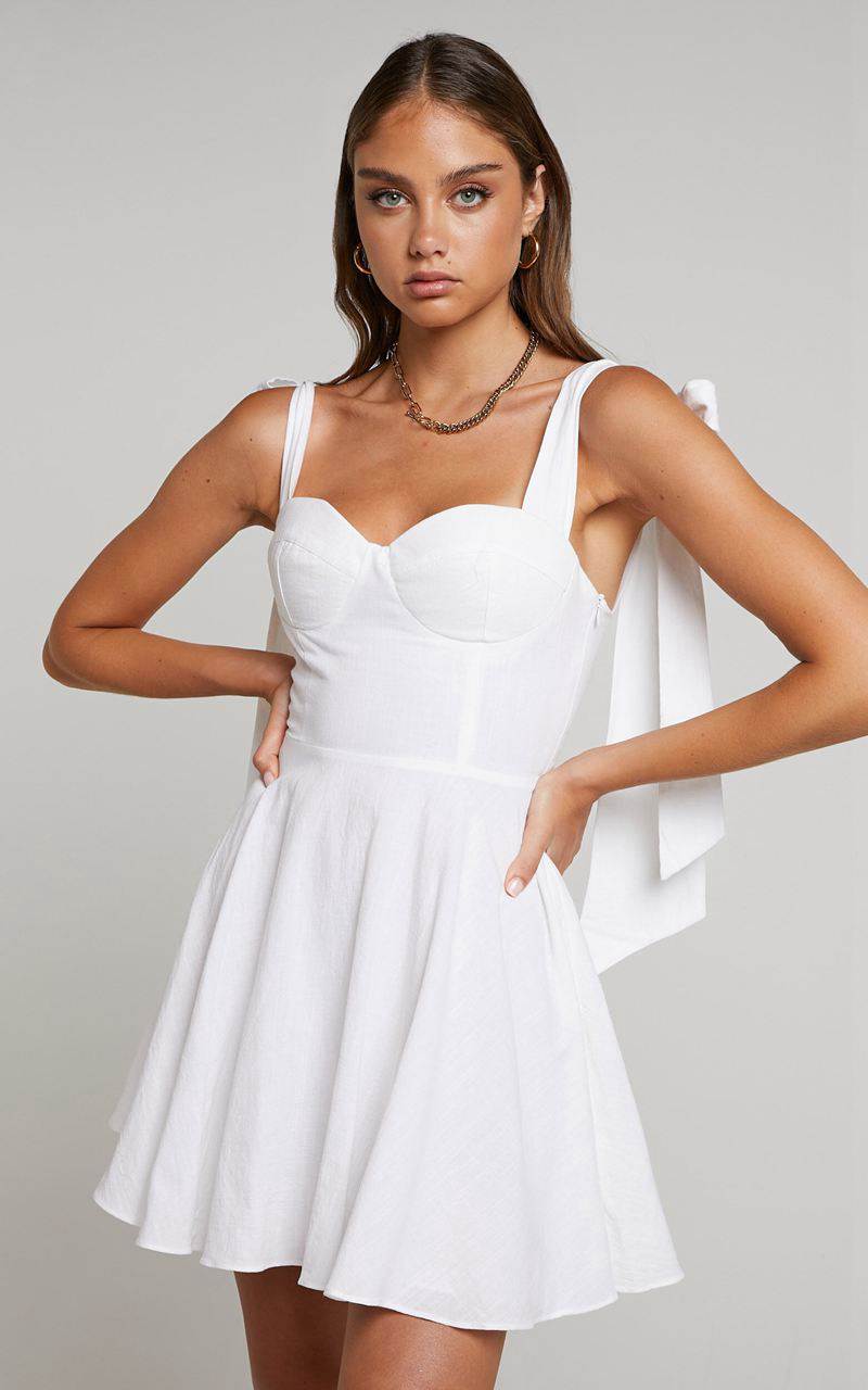 Showpo Girley Mini Dress - Bow Strap Dress White | NWZVOM132