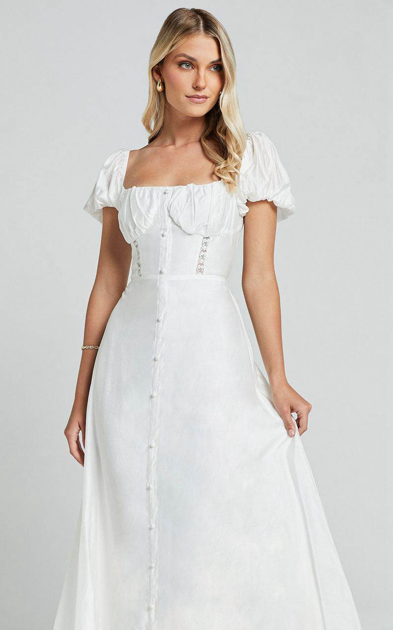 Showpo Giselle Midi Dress - Puff Sleeve Corset Flare Dress White | MYZCFH845