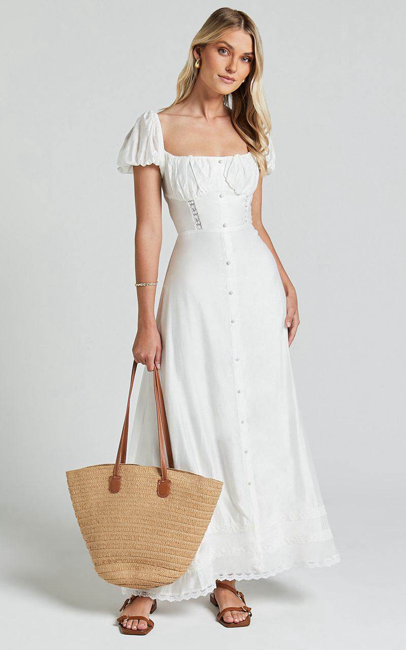 Showpo Giselle Midi Dress - Puff Sleeve Corset Flare Dress White | MYZCFH845