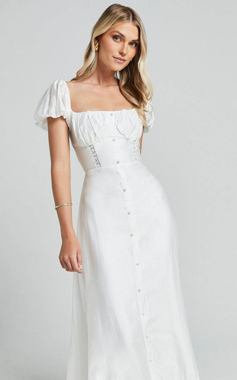 Showpo Giselle Midi Dress - Puff Sleeve Corset Flare Dress White | MYZCFH845