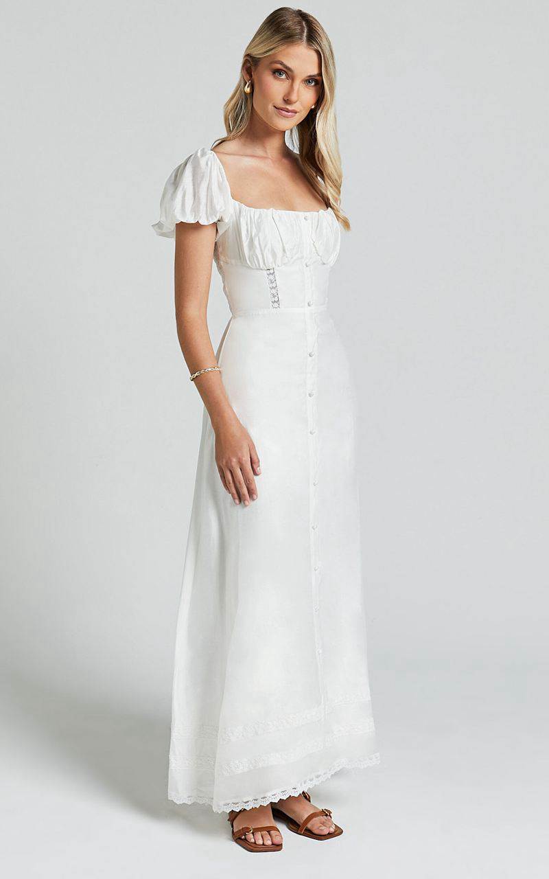 Showpo Giselle Midi Dress - Puff Sleeve Corset Flare Dress White | MYZCFH845