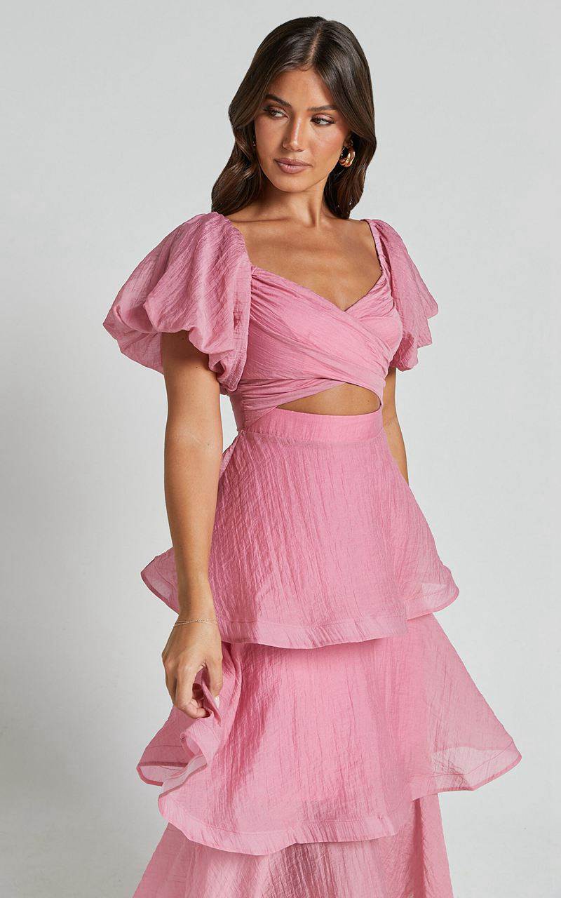 Showpo Giselle Midi Dress - Short Puff Sleeve Front Cut Out Layered Dress Pink | JVWBON470