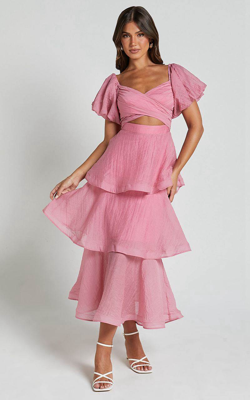 Showpo Giselle Midi Dress - Short Puff Sleeve Front Cut Out Layered Dress Pink | JVWBON470