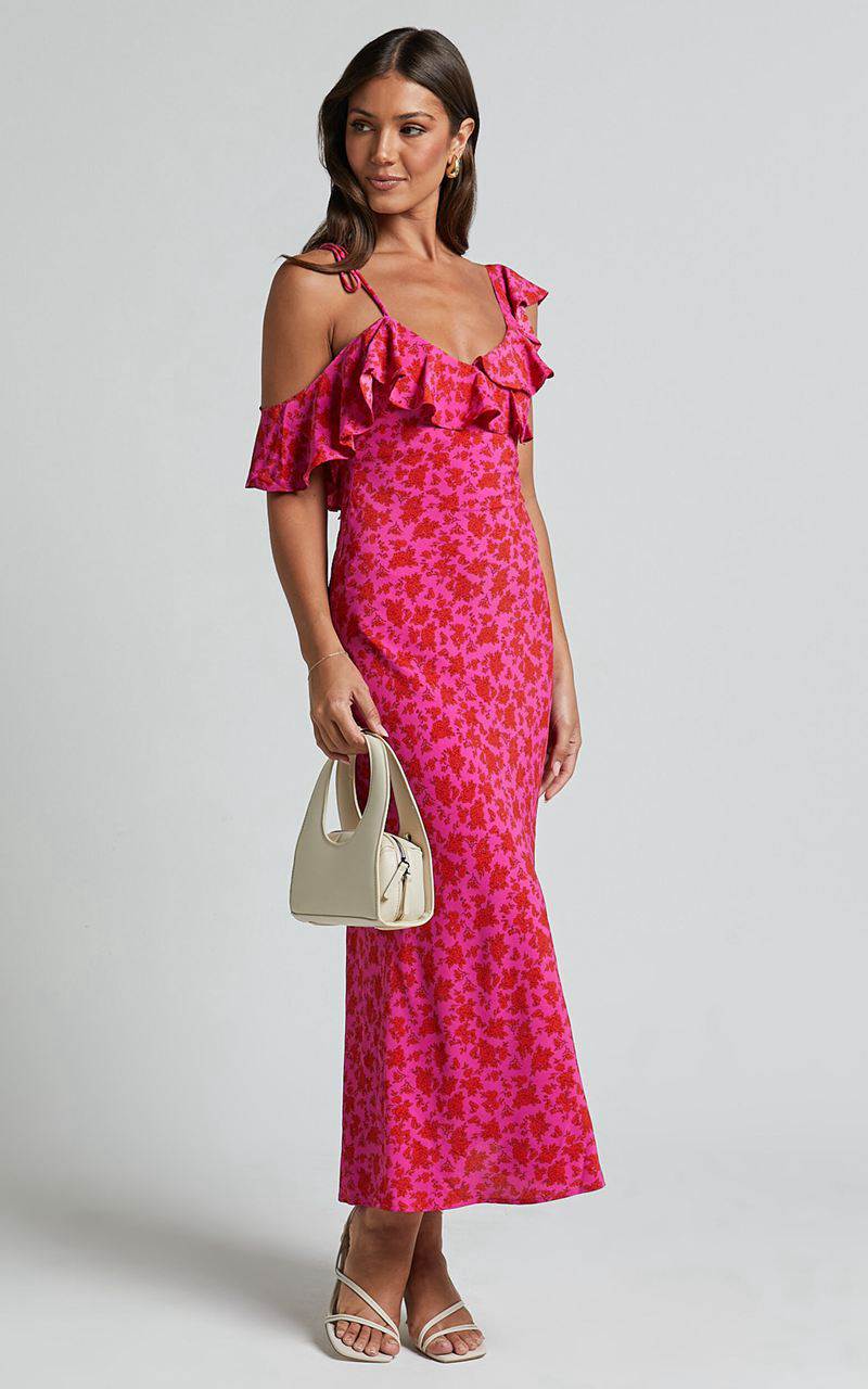 Showpo Giulia Midi Dress - One Shoulder Frill Detail Dress Pink Floral | KFALQX946