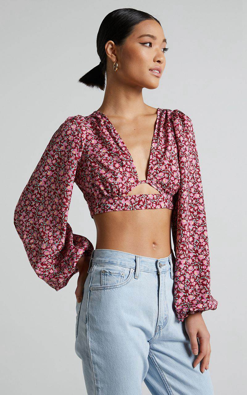 Showpo Glenda Blouse - Puff Sleeve Cut Out Open Back Blouse Red Floral | WOIKLQ092