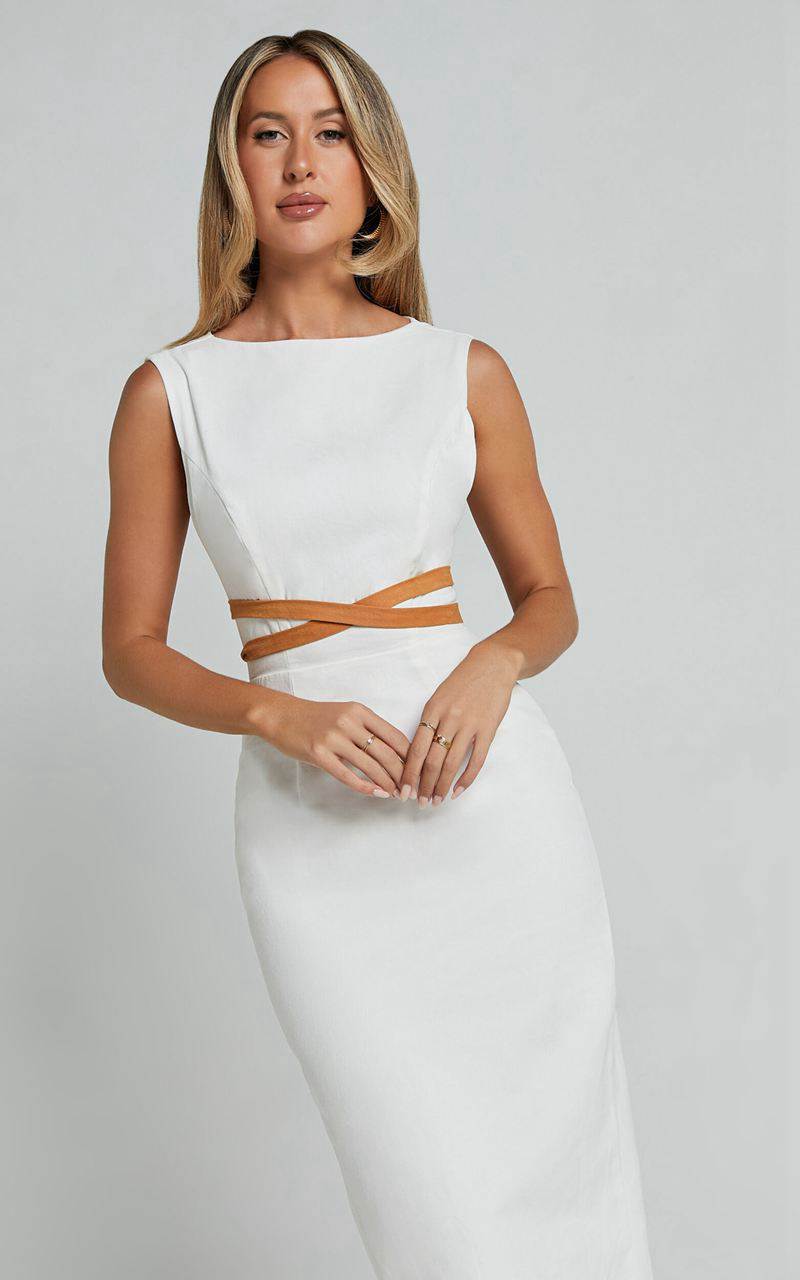 Showpo Glenda Midi Dress - High Neck Sleeveless Back Split Slip Dress White | IQSHBA361