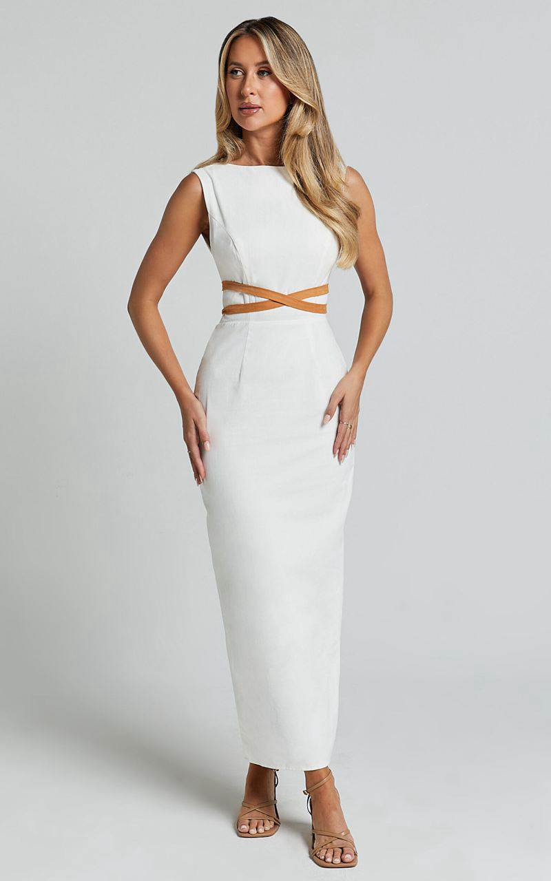 Showpo Glenda Midi Dress - High Neck Sleeveless Back Split Slip Dress White | IQSHBA361