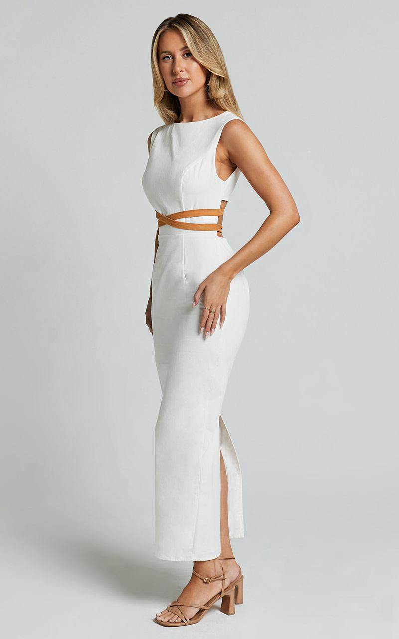 Showpo Glenda Midi Dress - High Neck Sleeveless Back Split Slip Dress White | IQSHBA361