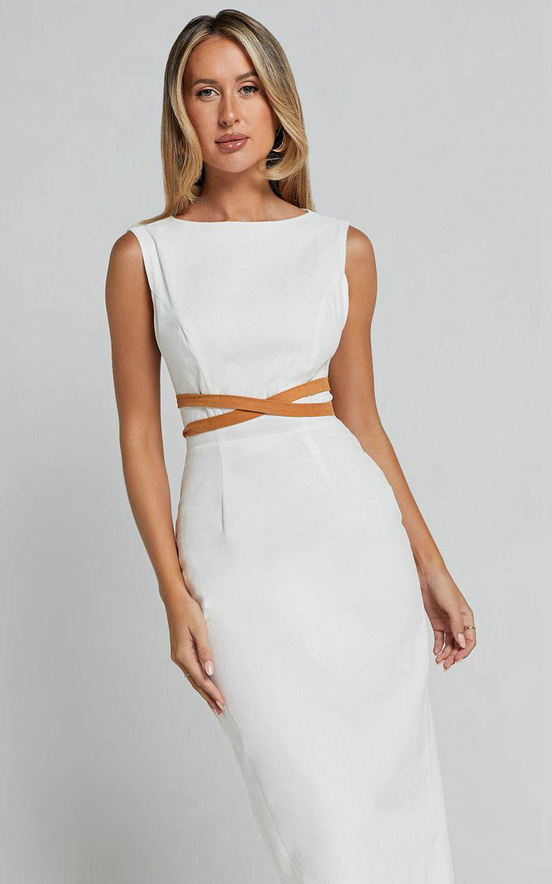 Showpo Glenda Midi Dress - High Neck Sleeveless Back Split Slip Dress White | IQSHBA361