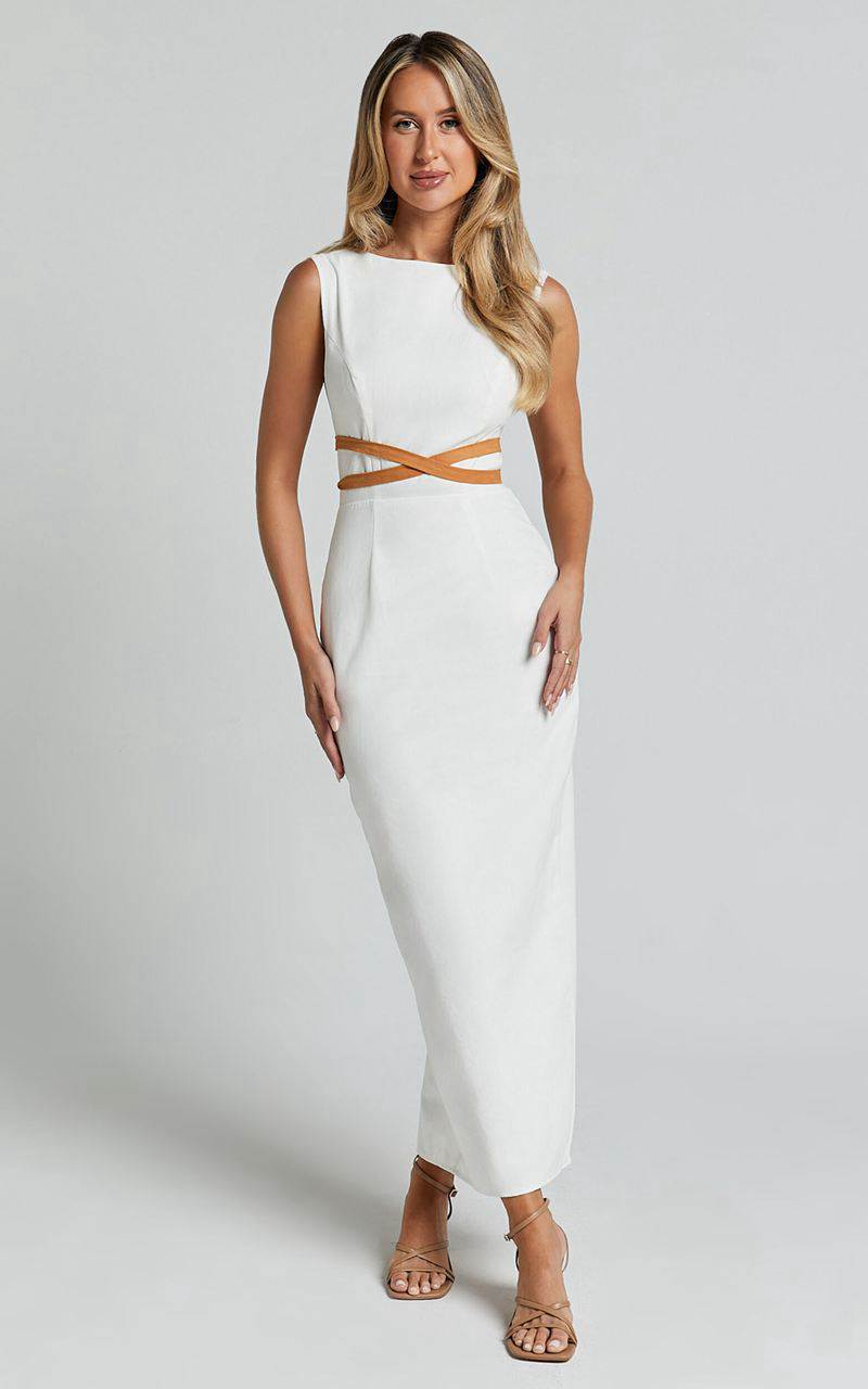 Showpo Glenda Midi Dress - High Neck Sleeveless Back Split Slip Dress White | IQSHBA361