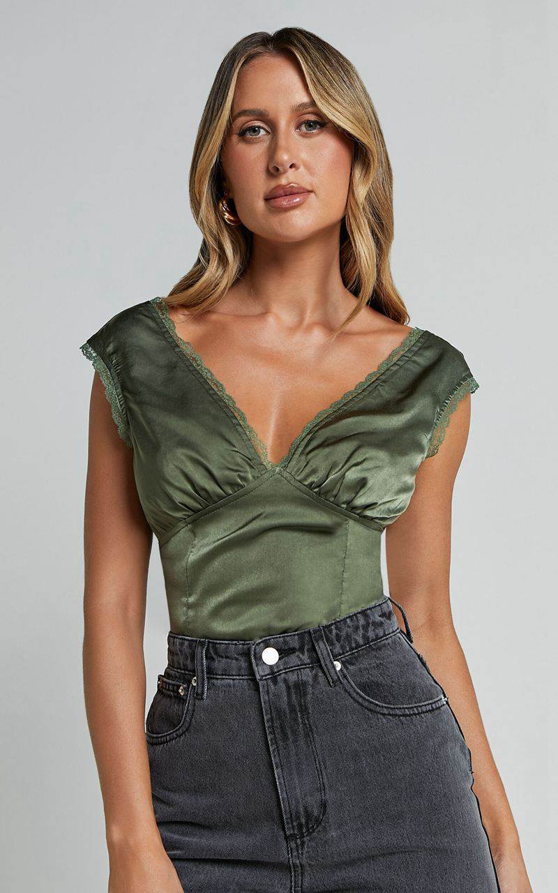 Showpo Gloria Top - V Neck Lace Detail Cap Sleeve Top Sage | GONIFX609