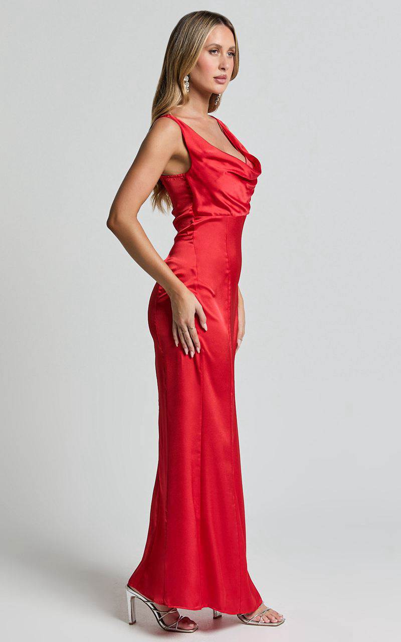 Showpo Grace Maxi Dress - Cowl Neck Satin Slip Dress Coral Red | AEUXMO047