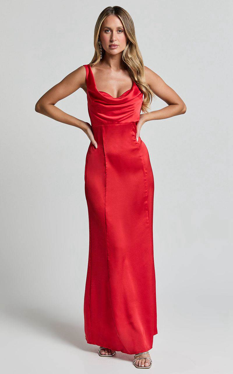 Showpo Grace Maxi Dress - Cowl Neck Satin Slip Dress Coral Red | AEUXMO047