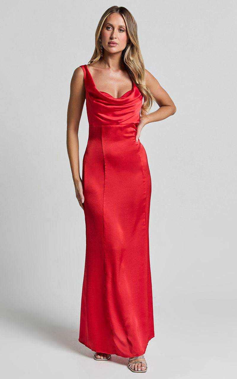 Showpo Grace Maxi Dress - Cowl Neck Satin Slip Dress Coral Red | AEUXMO047