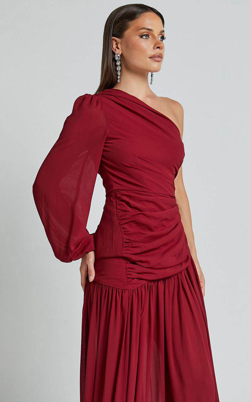 Showpo Grittah Midi Dress - One Shoulder Bishop Sleeve High Split Ruched Dress Wine | IRLATC502