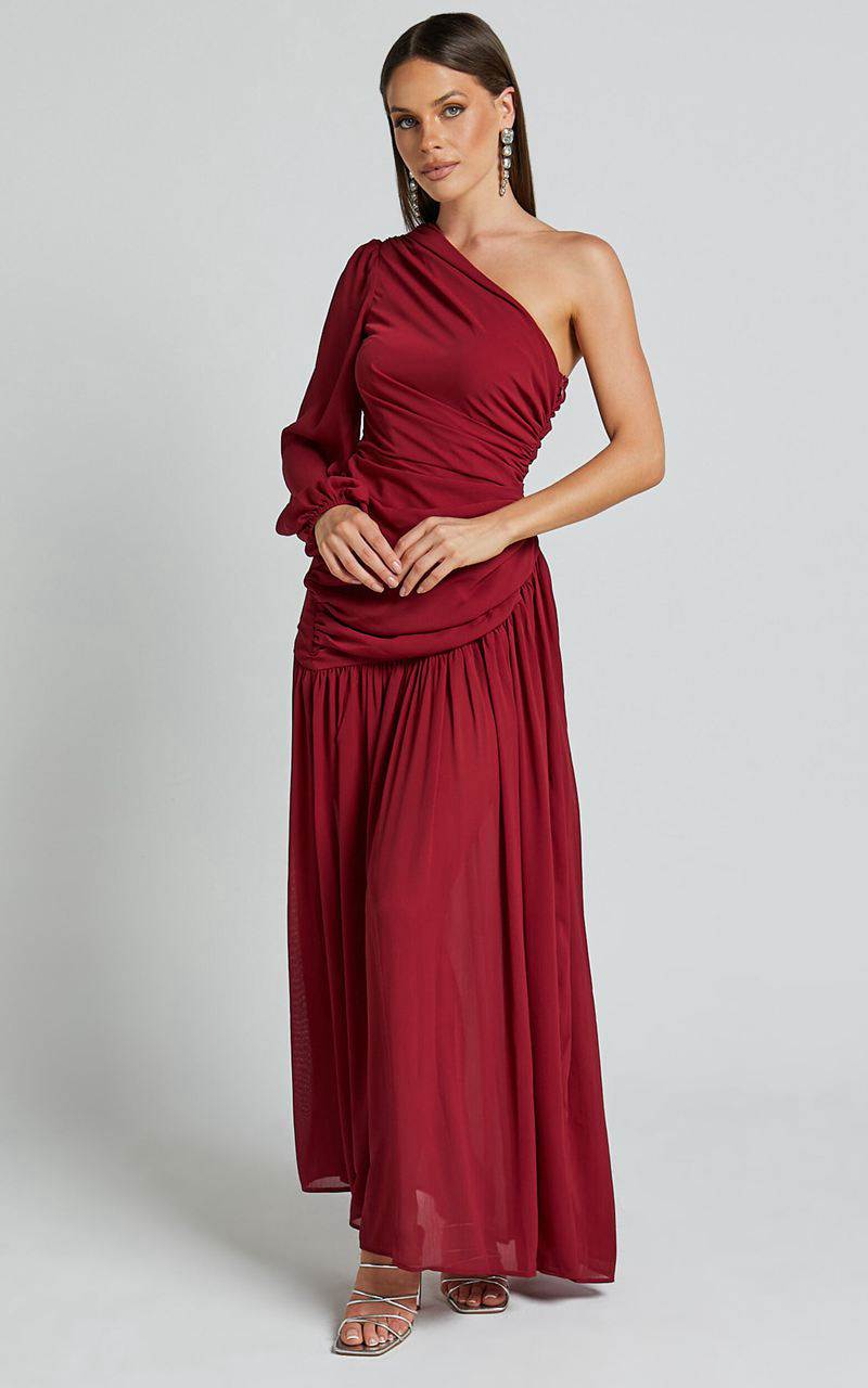 Showpo Grittah Midi Dress - One Shoulder Bishop Sleeve High Split Ruched Dress Wine | IRLATC502