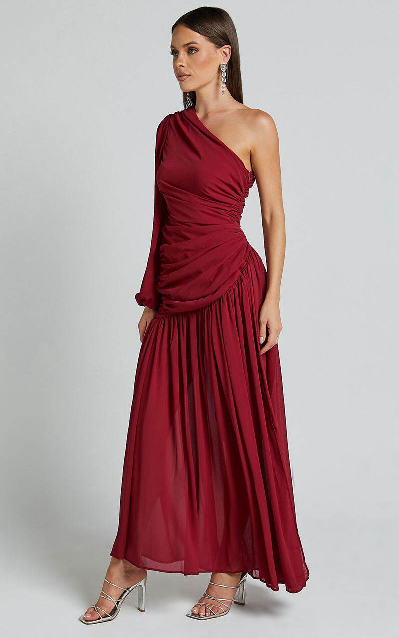 Showpo Grittah Midi Dress - One Shoulder Bishop Sleeve High Split Ruched Dress Wine | IRLATC502