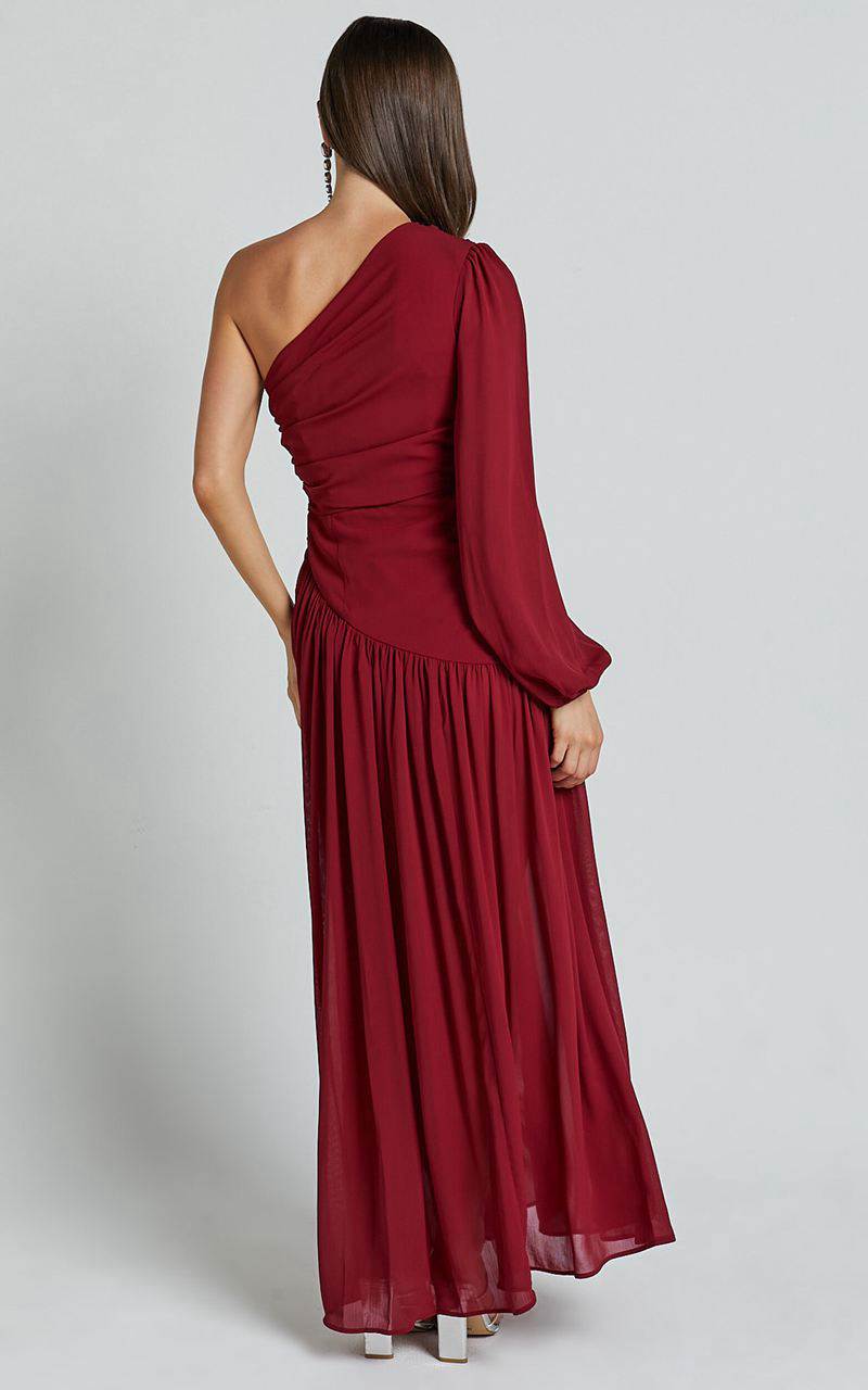 Showpo Grittah Midi Dress - One Shoulder Bishop Sleeve High Split Ruched Dress Wine | IRLATC502