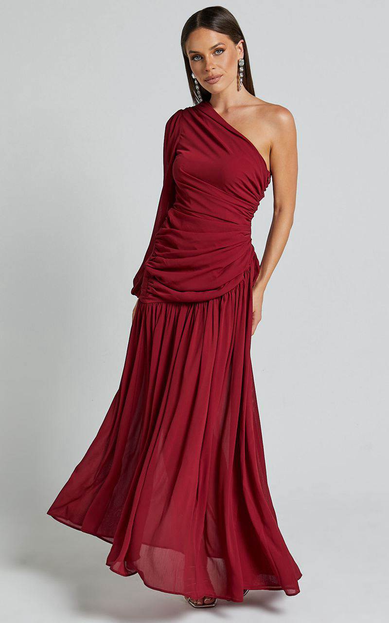 Showpo Grittah Midi Dress - One Shoulder Bishop Sleeve High Split Ruched Dress Wine | IRLATC502