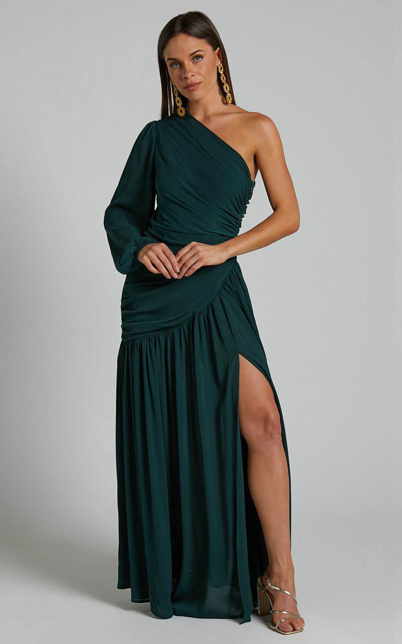 Showpo Grittah Midi Dress - One Shoulder Bishop Sleeve High Split Ruched Dress Emerald | CRXVAW057