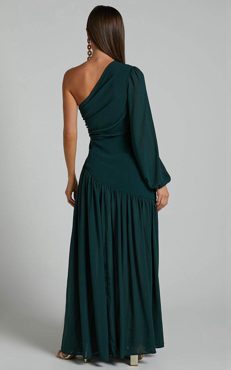 Showpo Grittah Midi Dress - One Shoulder Bishop Sleeve High Split Ruched Dress Emerald | CRXVAW057