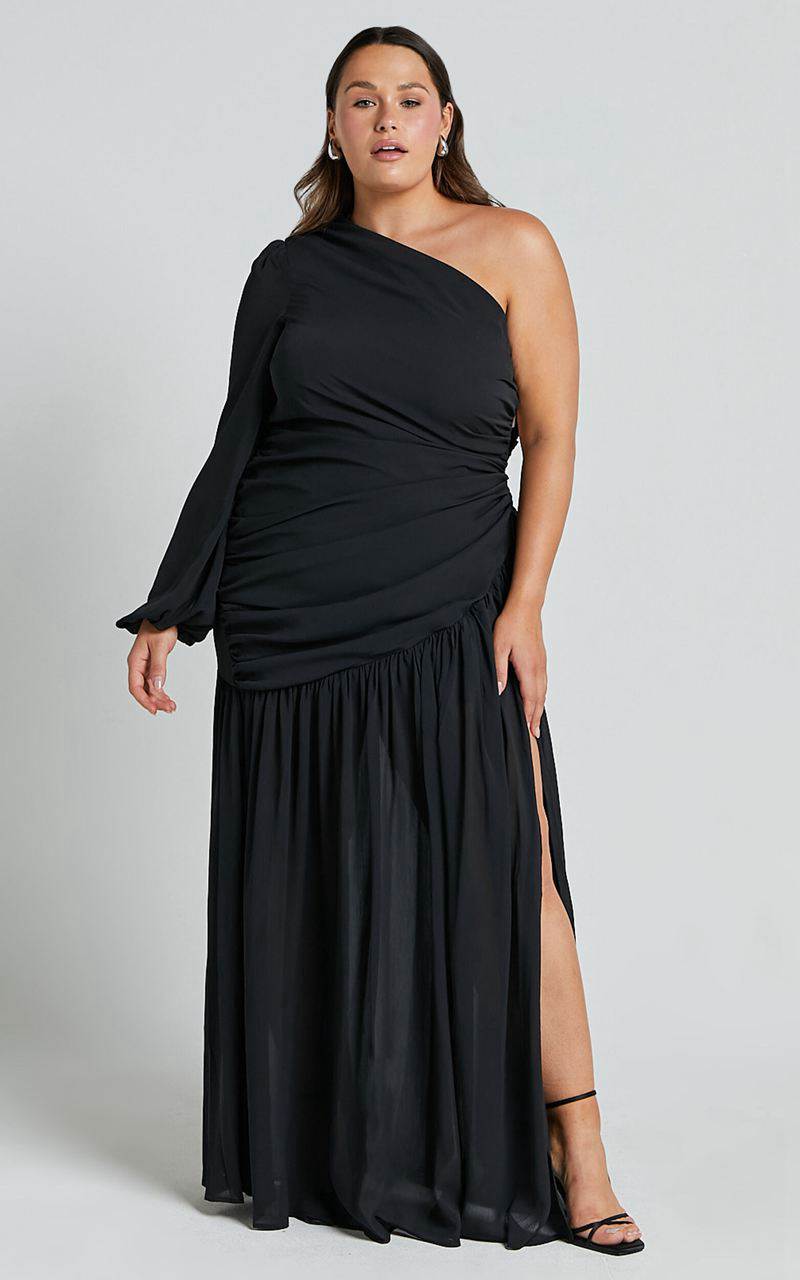 Showpo Grittah Midi Dress - One Shoulder Bishop Sleeve High Split Ruched Dress Black | XYCQKV912