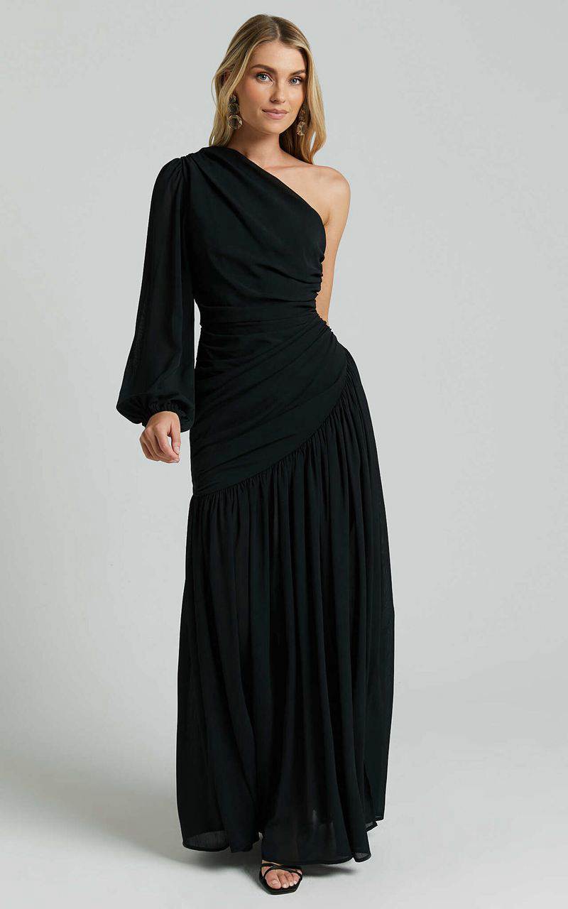 Showpo Grittah Midi Dress - One Shoulder Bishop Sleeve High Split Ruched Dress Black | XYCQKV912