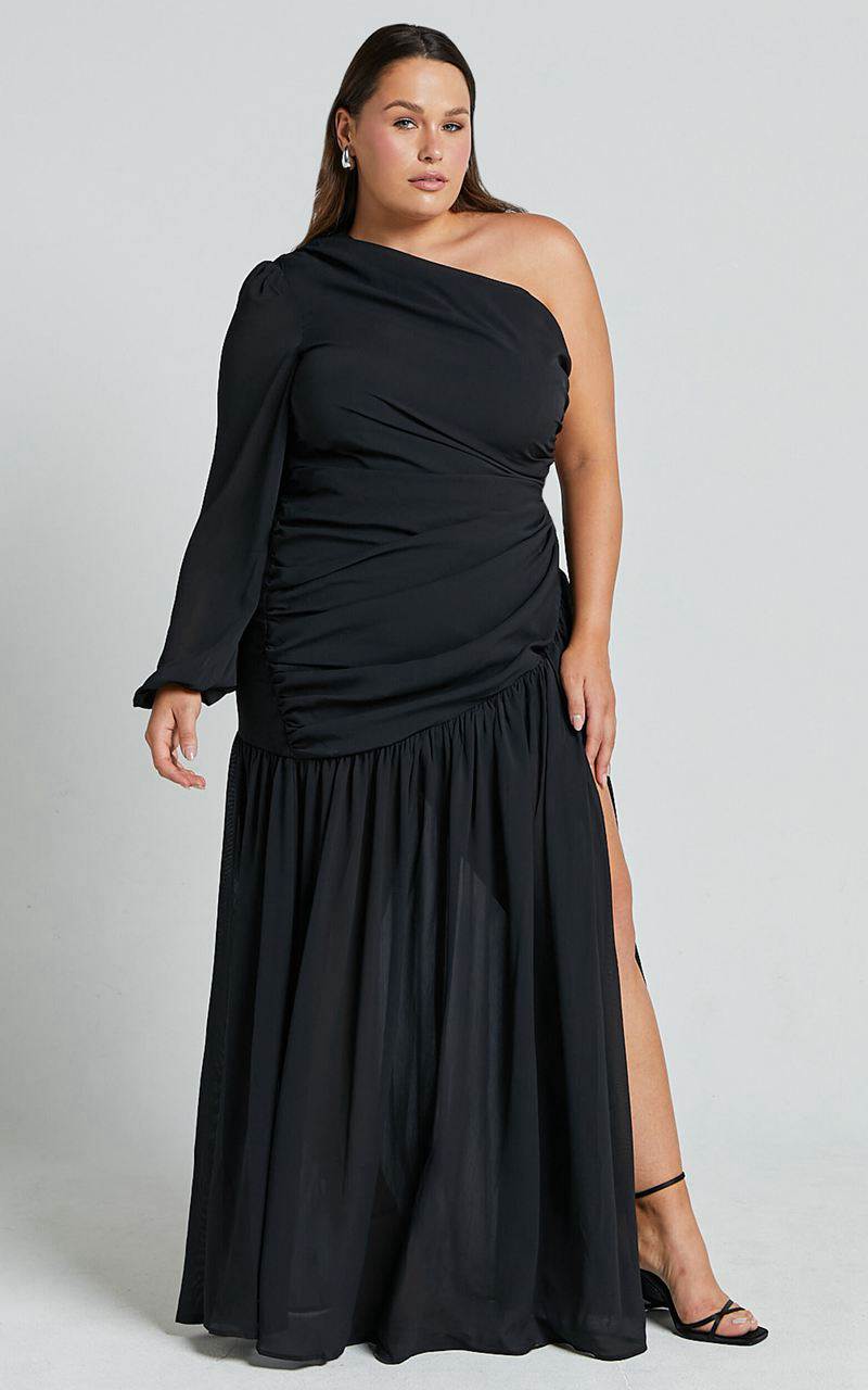 Showpo Grittah Midi Dress - One Shoulder Bishop Sleeve High Split Ruched Dress Black | XYCQKV912