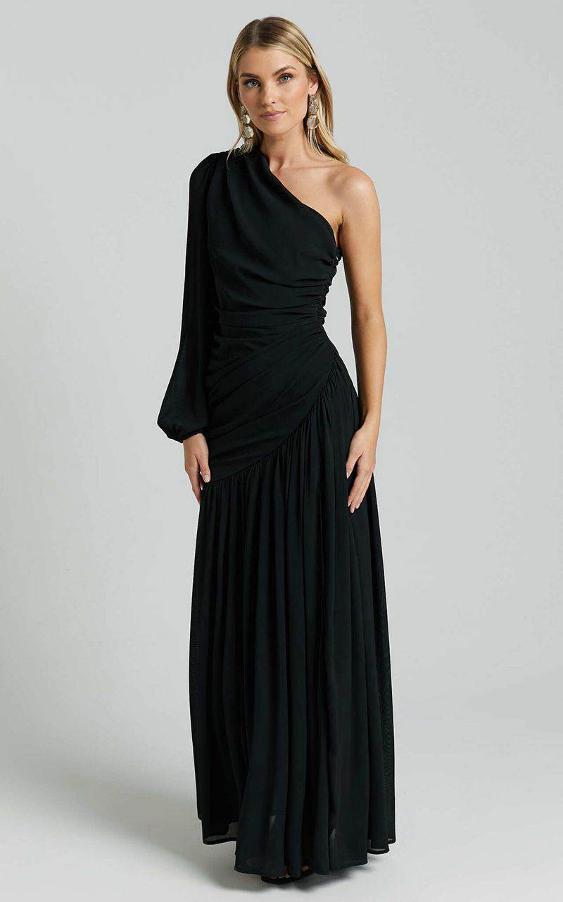 Showpo Grittah Midi Dress - One Shoulder Bishop Sleeve High Split Ruched Dress Black | XYCQKV912