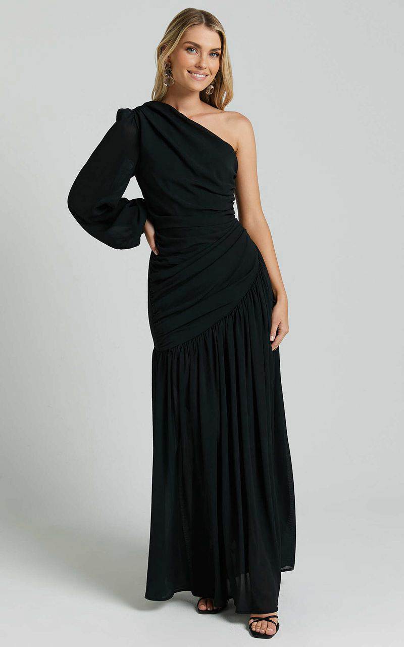 Showpo Grittah Midi Dress - One Shoulder Bishop Sleeve High Split Ruched Dress Black | XYCQKV912