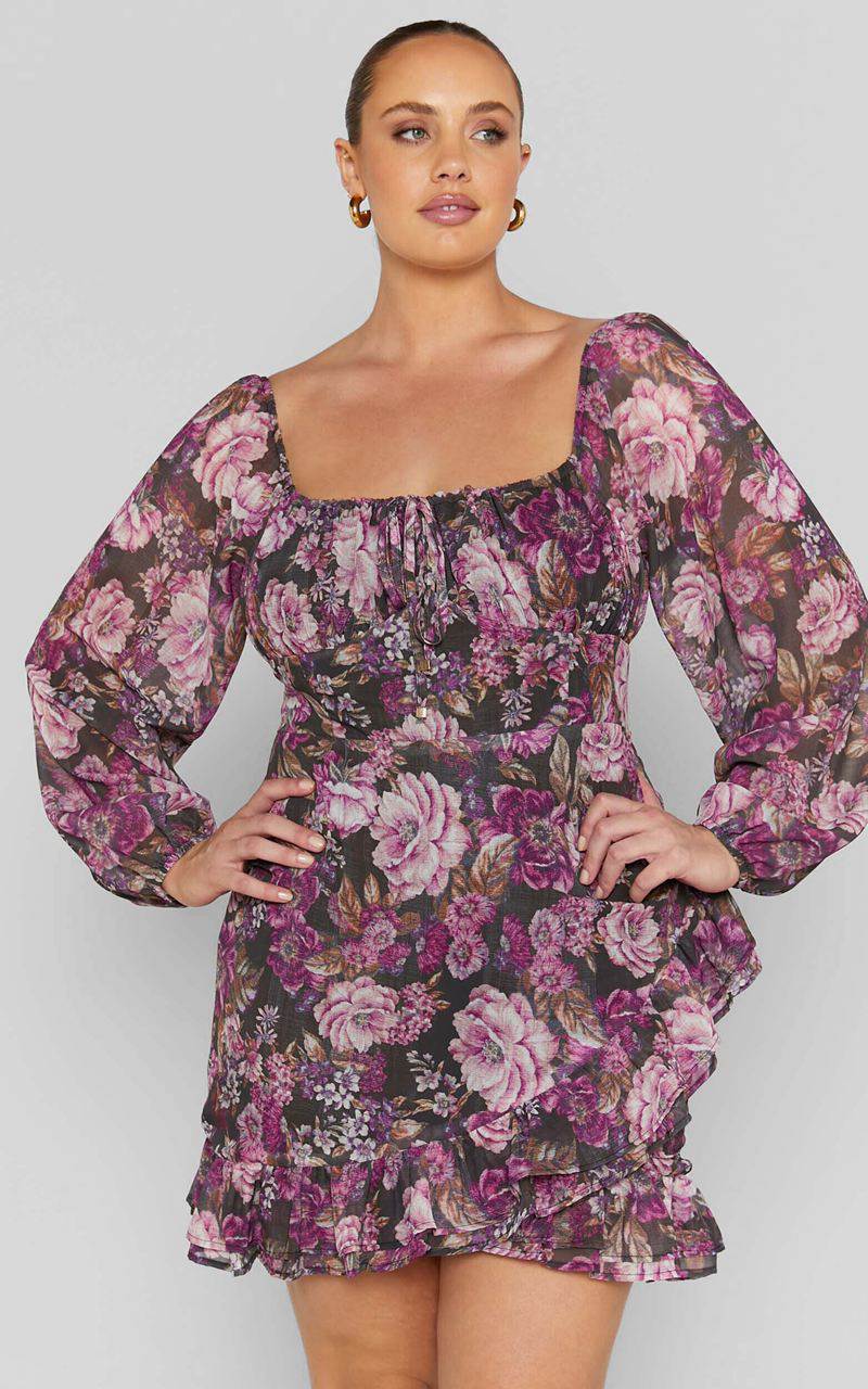 Showpo Grizela Mini Dress - Gathered Bust Long Sleeve Dres Harvest Floral | AOULDI975