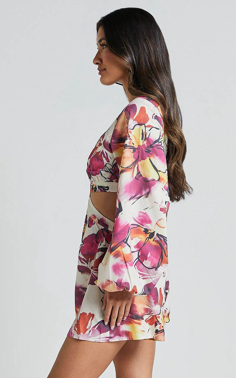 Showpo Gwyneth Playsuit - Long Sleeve Cut Out Playsuit Dahlia Dusk Floral | RCKJSW267