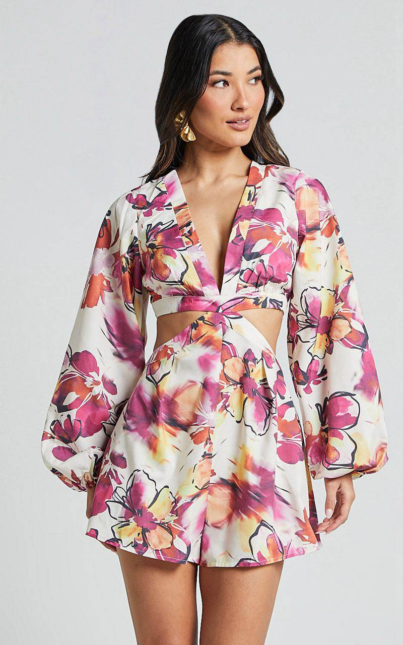 Showpo Gwyneth Playsuit - Long Sleeve Cut Out Playsuit Dahlia Dusk Floral | RCKJSW267