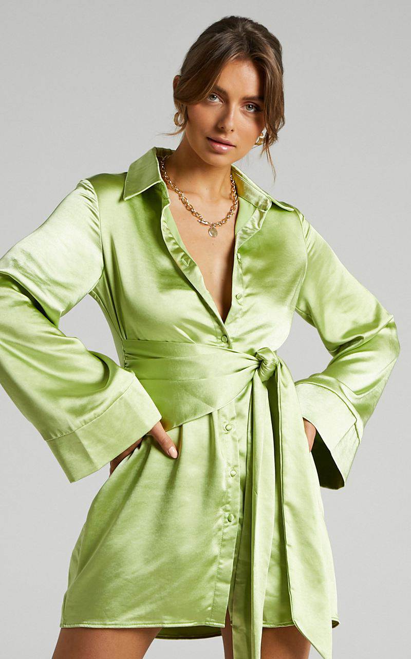 Showpo Hadid Mini Dress - Button Down Waist Tie Shirt Dress Green | VIPOJC731