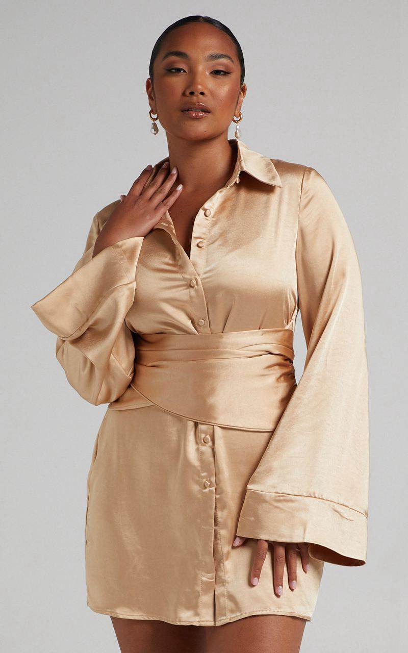 Showpo Hadid Mini Dress - Button Down Waist Tie Shirt Dress Champagne | ZMAETC819