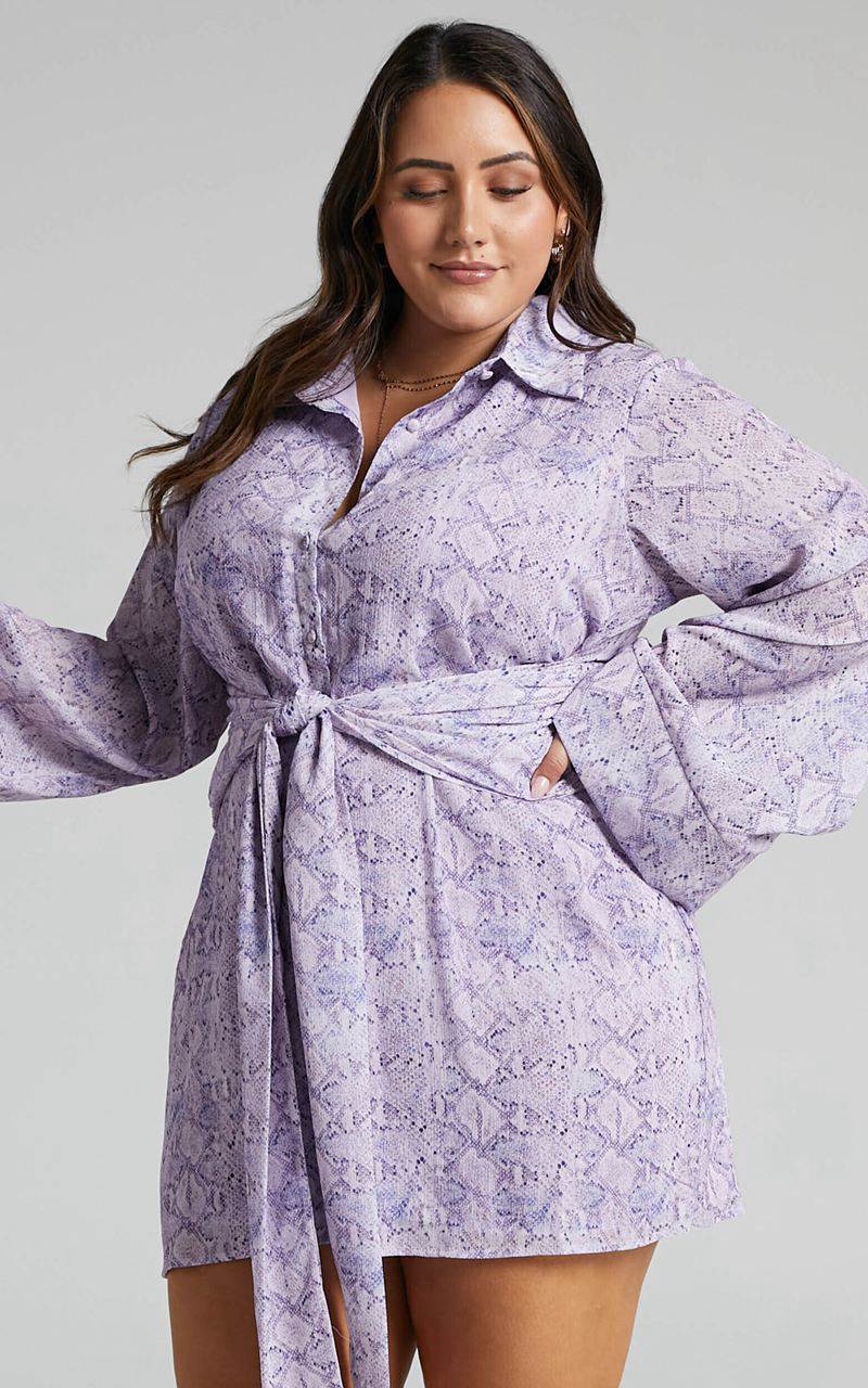 Showpo Hadid Mini Dress - Button Down Waist Tie Shirt Dress Lilac Snake Print | AEIPKF029