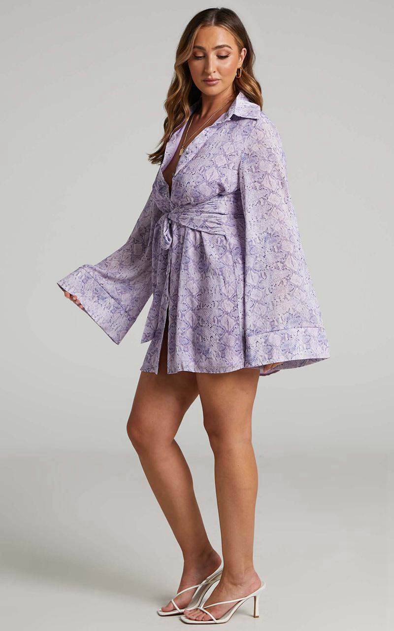 Showpo Hadid Mini Dress - Button Down Waist Tie Shirt Dress Lilac Snake Print | AEIPKF029