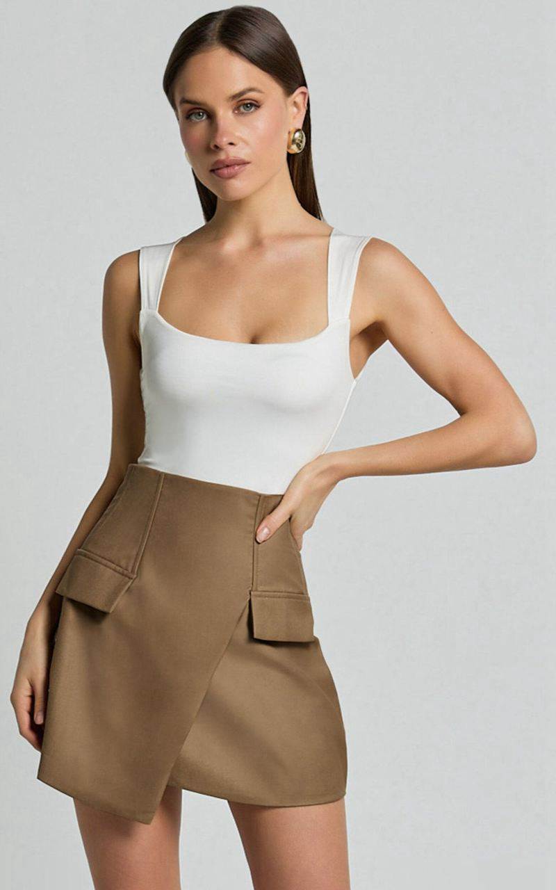 Showpo Haidy Mini Skirt - Faux Pockets Wrap Skirt Taupe | DEXGBH253