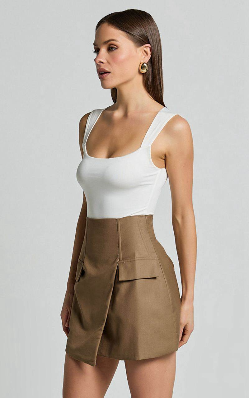 Showpo Haidy Mini Skirt - Faux Pockets Wrap Skirt Taupe | DEXGBH253