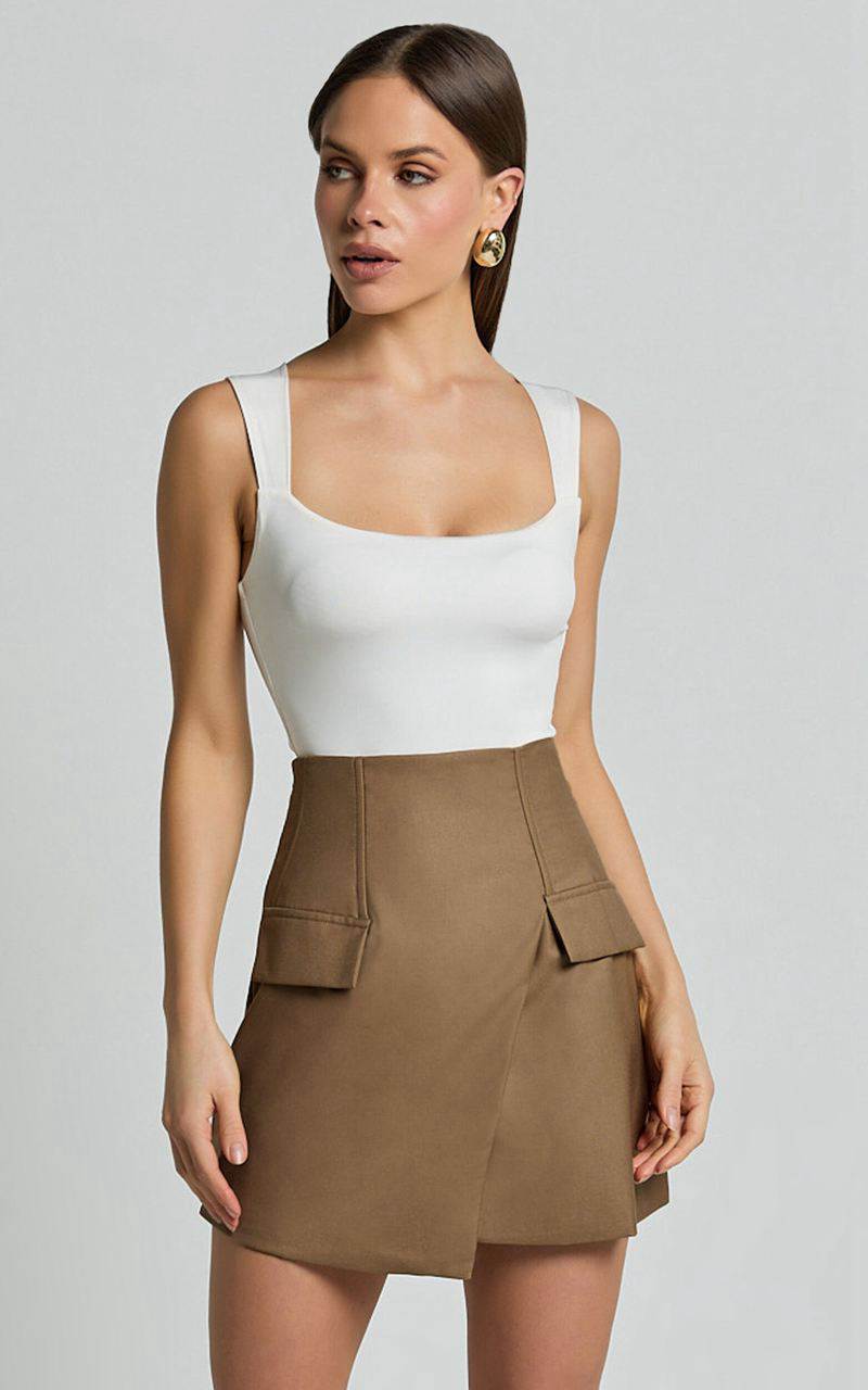 Showpo Haidy Mini Skirt - Faux Pockets Wrap Skirt Taupe | DEXGBH253