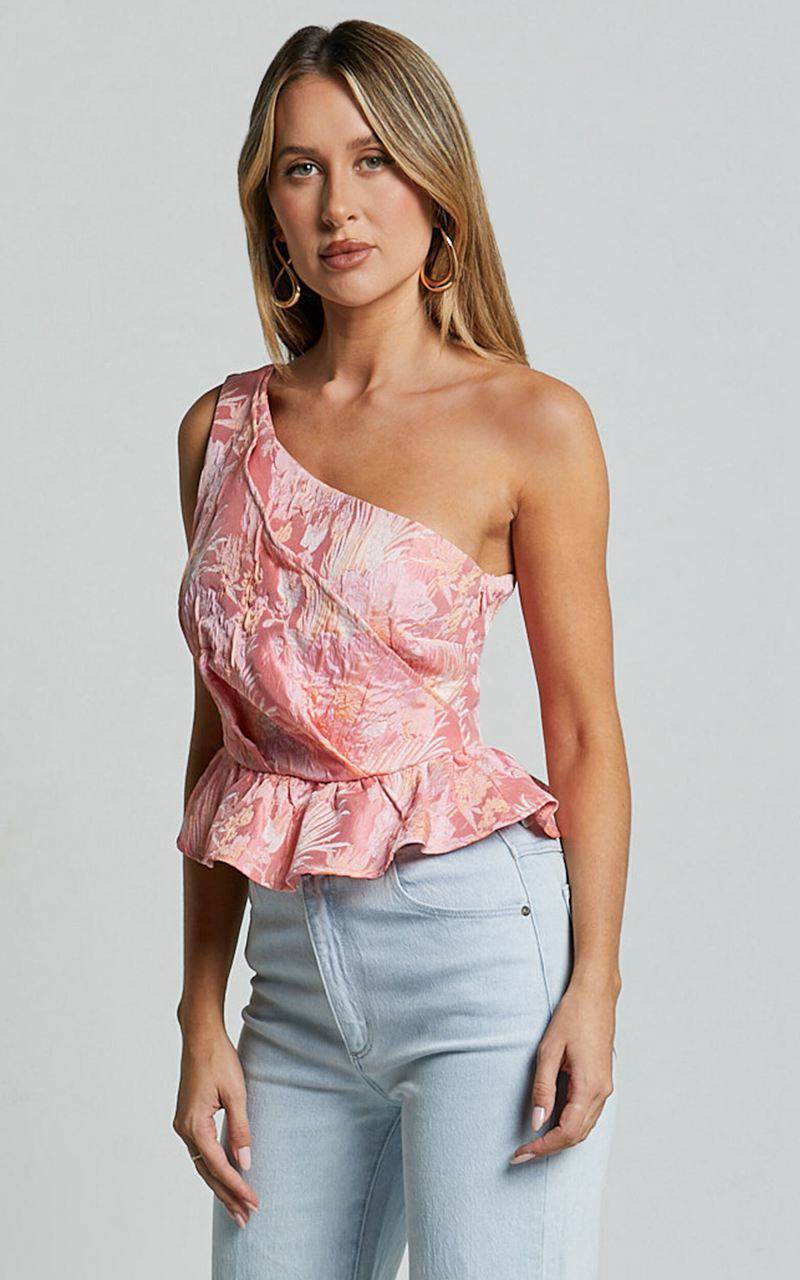 Showpo Hailey Rae Top - One Shoulder Peplum Jacquard Top Pink | YNMKGH928