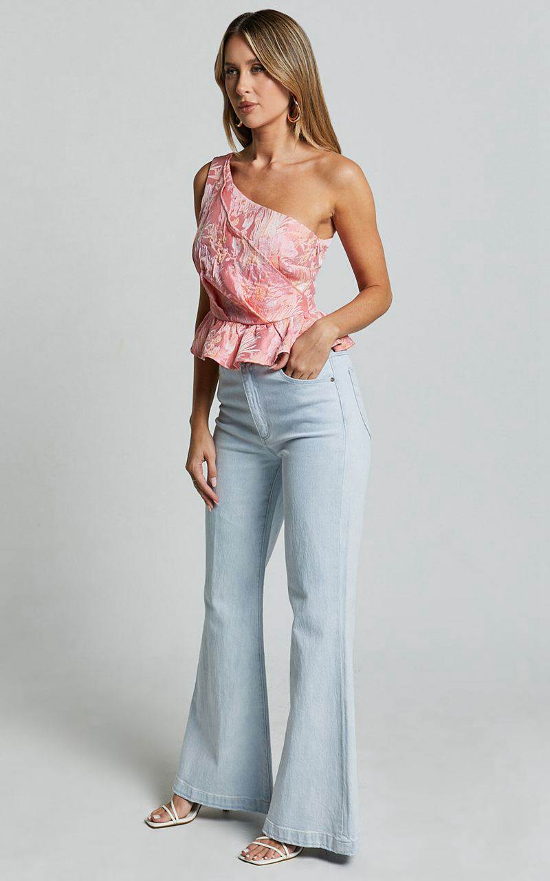 Showpo Hailey Rae Top - One Shoulder Peplum Jacquard Top Pink | YNMKGH928