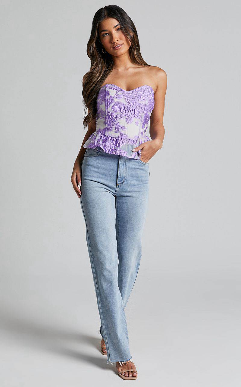 Showpo Hailey Top - Jacquard Strapless Peplum Top Lilac Jacquard | OBPXIE125