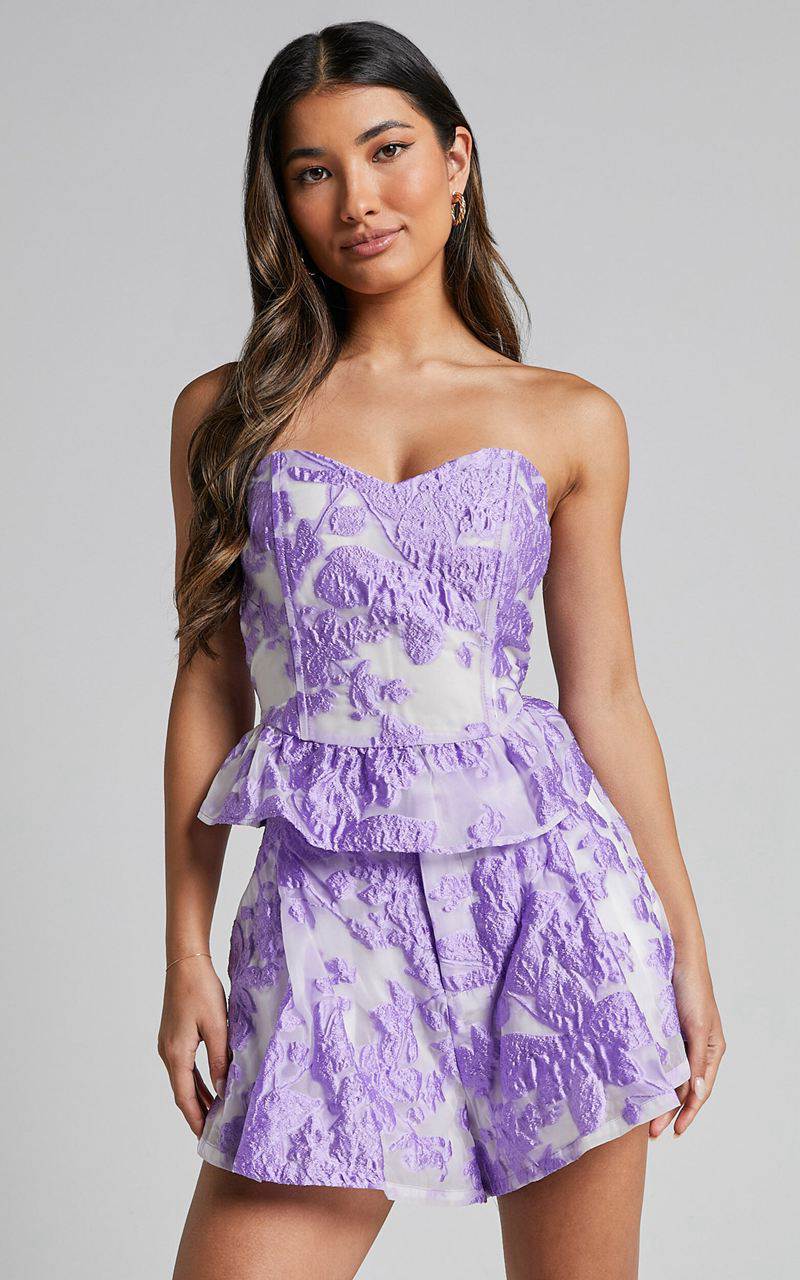 Showpo Hailey Top - Jacquard Strapless Peplum Top Lilac Jacquard | OBPXIE125